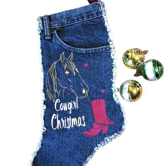 Denim Christmas Stocking w/Pocket: Cowgirl Christmas Horse Boot Graphics, S-M - Picture 8 of 9